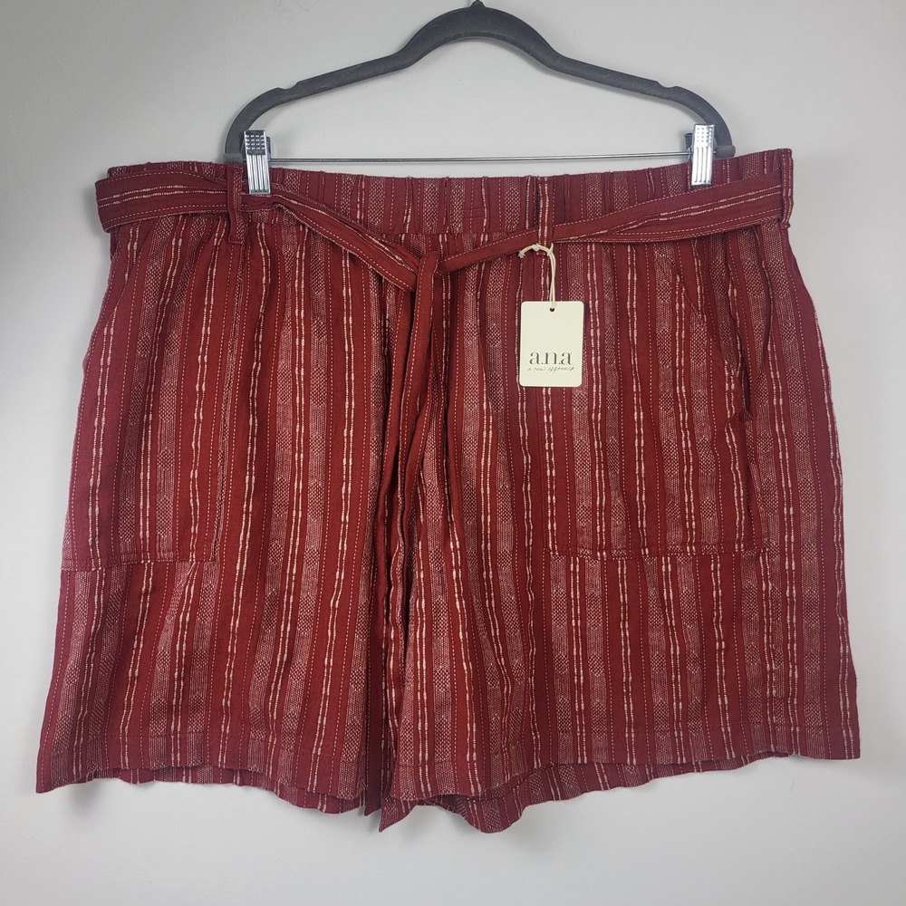 ANA Linen Blend High Waisted Striped Paperboy Pullon Shorts Women's 2xl Boho Red